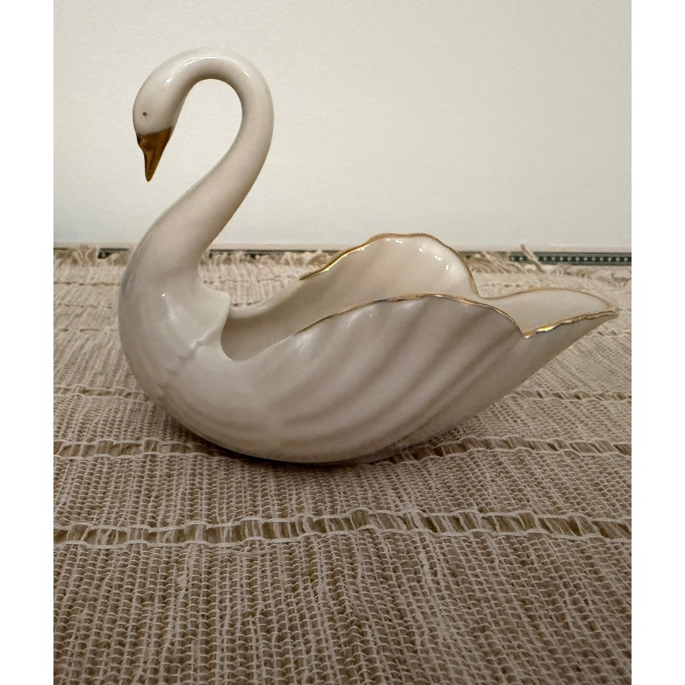 Lenox Swan Trinket Dish Porcelain Gold Trim Cream White Vintage USA Made Small